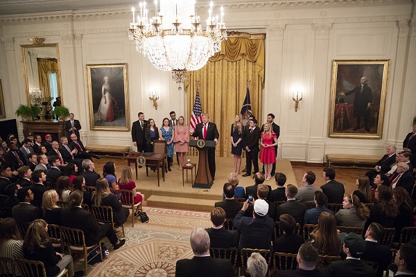 President Trump speaks to an audience at the White House before signing an executive order for “Improving Free Inquiry, Transparency, and Accountability at Colleges and Universities.”